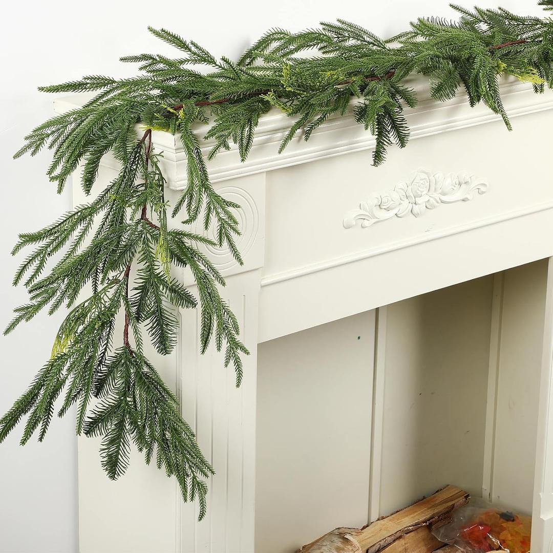 9FT Christmas Greeny Norfolk Pine Garlands, Artificial Realistic Touch Pine Greenery Garland, Christmas Winter Decoration for Xmas Table Fireplace Wall Centerpiece Decoration