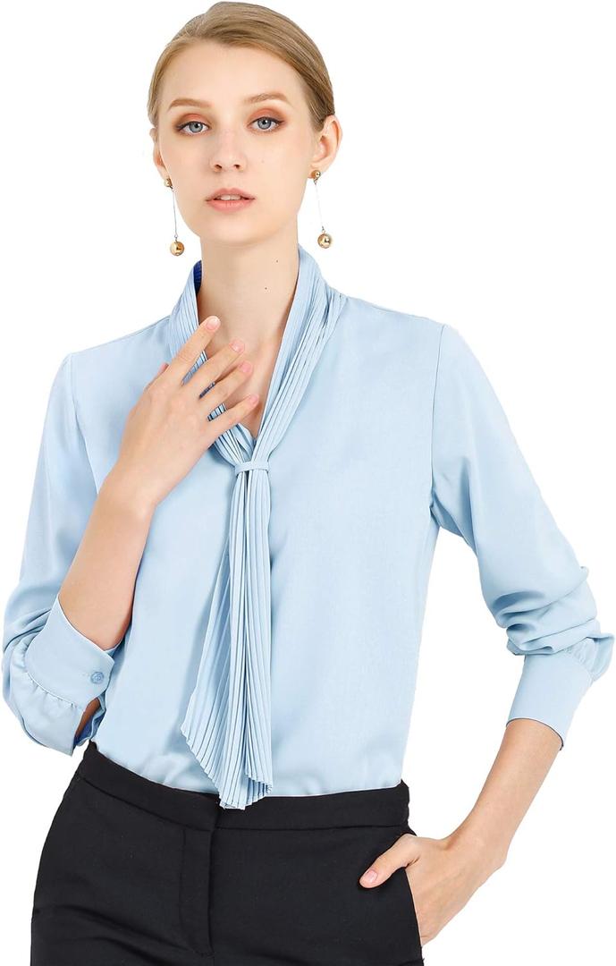 Allegra K Women's Dressy Long Sleeve Blouses Chiffon Pleated Tie Neck Office Top Shirt (X-Large, Light Blue)
