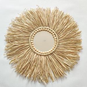 Boho Wall Mirror Decor - Raffia Straw Mirror Decor Round Handmade Wall Art for Children Room Decor Living Rooms Bedrooms Display Table Settings Home Kitchen 18in (Mirror)