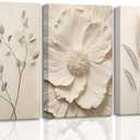 3Pcs Neutral Beige Floral Plant Canvas Wall art Textured Flower Botanical Painting Picture Wall Decor Vintage Blossom Poster Prints for Living Room Bedroom Bathroom Decoration, 16x24in-canvas
