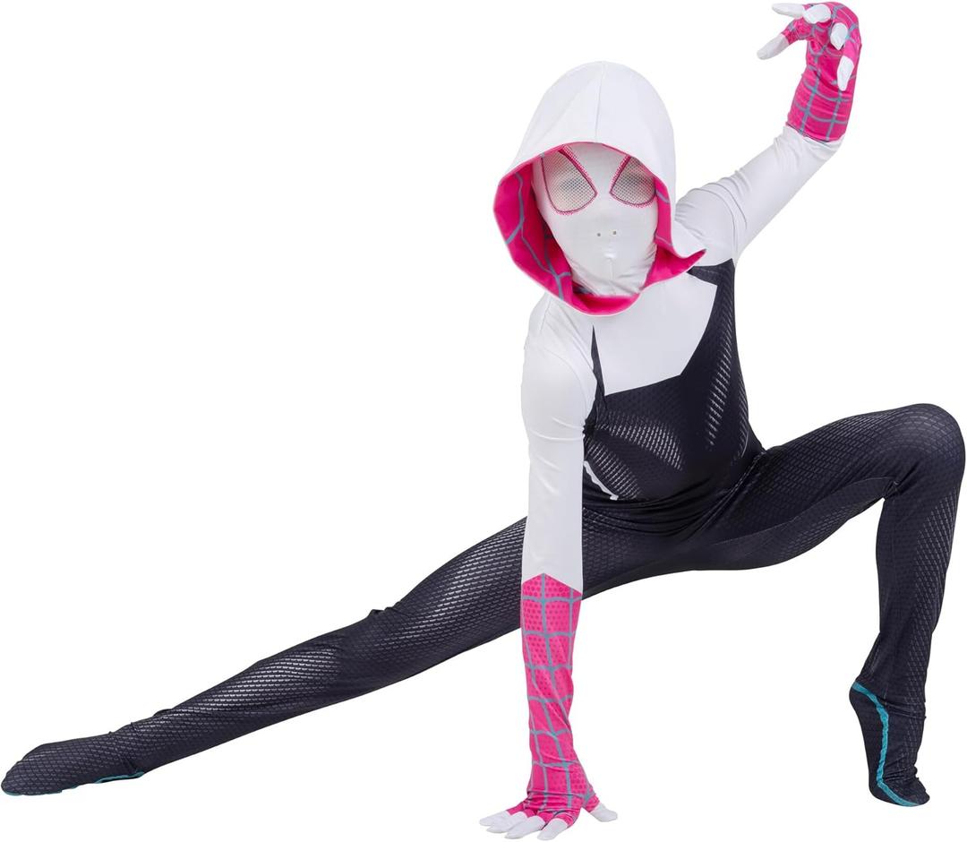 MARVEL Spider-Gwen Official Youth Zentai Halloween Costume - Hooded Spandex Jumpsuit with Printed Design and Pull On Mask (Black, S)