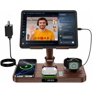 6 in 1 Wireless Charger for Apple Multiple Devices, Charging Station with Clock &7 Color Ambient Light, Foldable Rotate Stand for iPad, for iPhone17/16/15, Support for Apple Watch11/10 For AirPods4