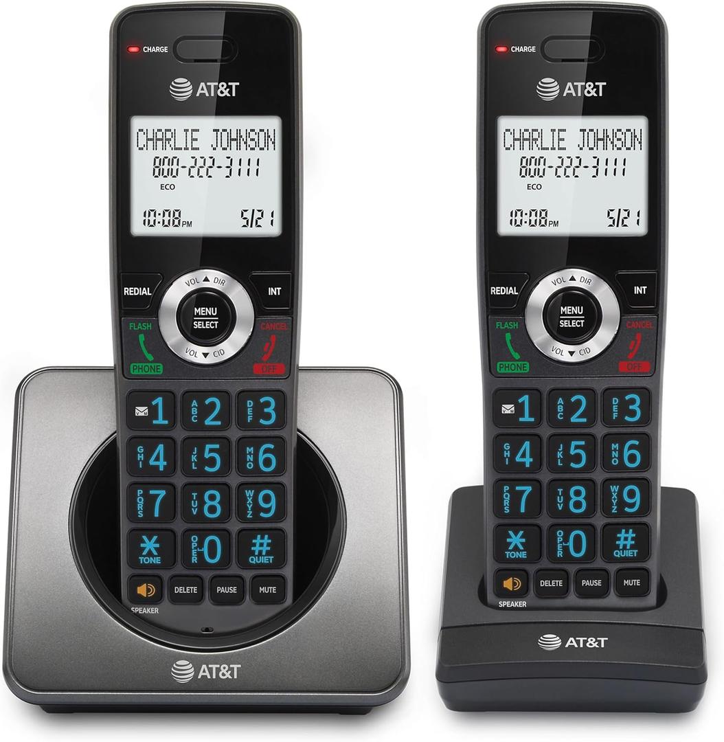 AT&T GL2101-2 DECT 6.0 2-Handset Cordless Phone with Call Block & Caller ID - Full-Duplex Handset Speakerphone, 2" White Backlit Display, Lighted Keypad, Graphite & Black