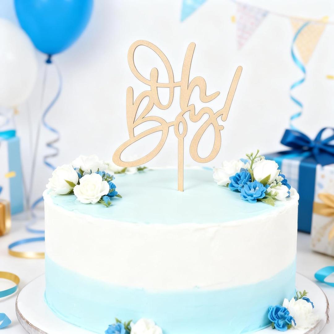 Oh Boy Wooden Cake Topper, Rustic Baby Shower and Gender Reveal Party Cake Decoration, Photo Booth Props for Birthday Celebrations (WOOD)