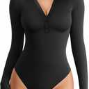 MANGOPOP Henley Bodysuit for Women Button Down Long Sleeve Tops Body Suits Dressy Blouse Casual (Small, 01 Black)