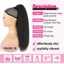Long Yaki Straight Ponytail Extension for Black Women 20 Inch Natural Black Wrap Around Magic Paste Synthetic Clip in Ponytail Thick Kinky Straight Hair Pony Tail for Daily Use (1B)