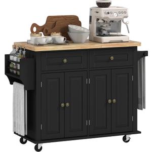 HOMCOM Kitchen Island Cart with Rubber Wood Top, Rolling Kitchen Island Table on Wheels with Drawers, Adjustable Shelves, Spice Rack and Towel Rack for Dining Room, Black