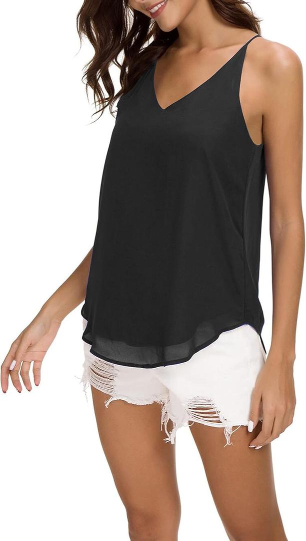 Womens V Neck Spaghetti Strap Tank Tops Dressy Casual Camisole Blouses Sleeveless Loose Cami Basic Tank Shirt (Medium, Black Petite)