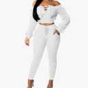 Acelyn Sexy 2 Piece Outfits for Women Off Shoulder Lace Up Long Sleeve Crop Top Pants Sets Tracksuit Casual Sweatsuit , size Small