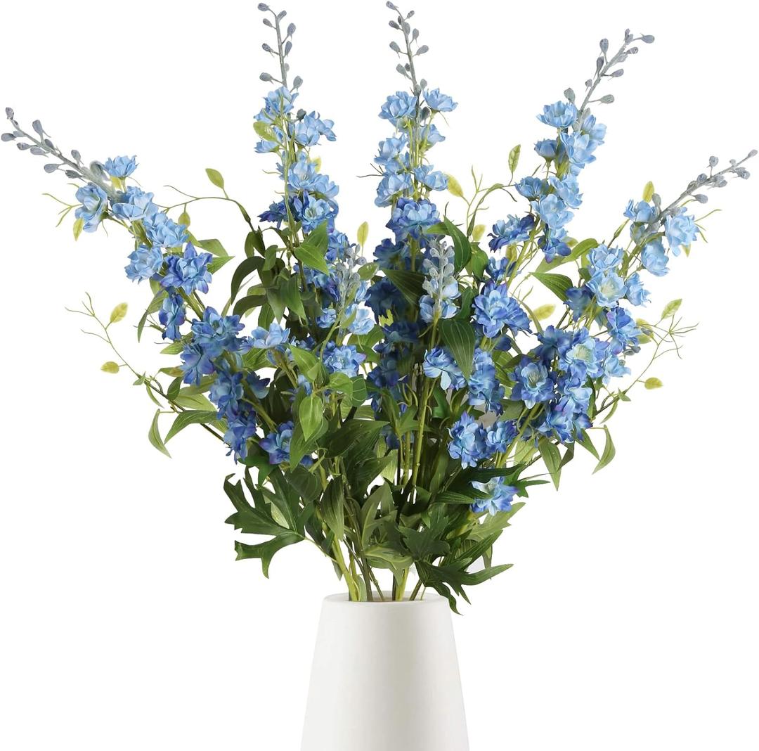 IPOPU Blue Silk Flowers - 9PCS Artificial Flowers Combo: Blue Delphinium, Clematis Greenery, 33.5" Long Stem for Tall Vase, Bluebonnet Decor, Floral Centerpiece, Bridal Bouquets for Wedding