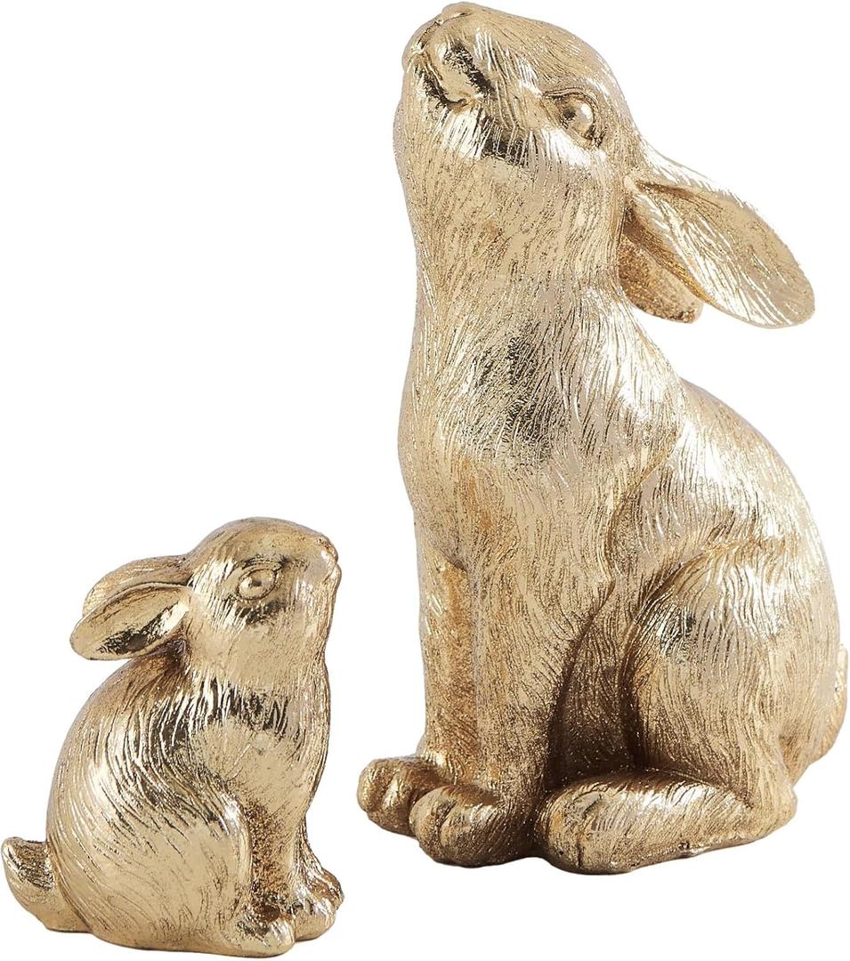 Set of 2 Easter Bunny Figurines, Gold Home Decor Resin Rabbit Statue, Easter Table Decor, Rabbit Figurines for Spring, Vintage Decorations Indoor Home Decor for Living Room Farmhouse Gift