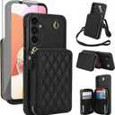 Phone Case for Samsung Galaxy A16 5G/4G Zipper Wallet Cell Cover with Tempered Glass Screen Protector Wrist Crossbody Strap Lanyard Stand RFID Blocking Credit Card Holder Slot A 16 Women Girls Black