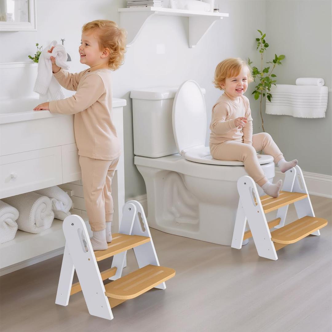Toddler Step Stool, Wooden Height-Adjustable 2 Step Stool for Kids, 2 in 1 Potty Training Stool with Safety Handles Non-Slip Pads for Bathroom Sink, Kitchen, Bedroom (White, Foldable)