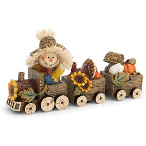 Hodao Harvest Festival Scarecrow Train Decoration  Thanksgiving Table Centerpiece Gift with Pumpkins, Turkey & Give Thanks Sign, Autumn Farmhouse Decor for Fall Party, Dining Table & Home