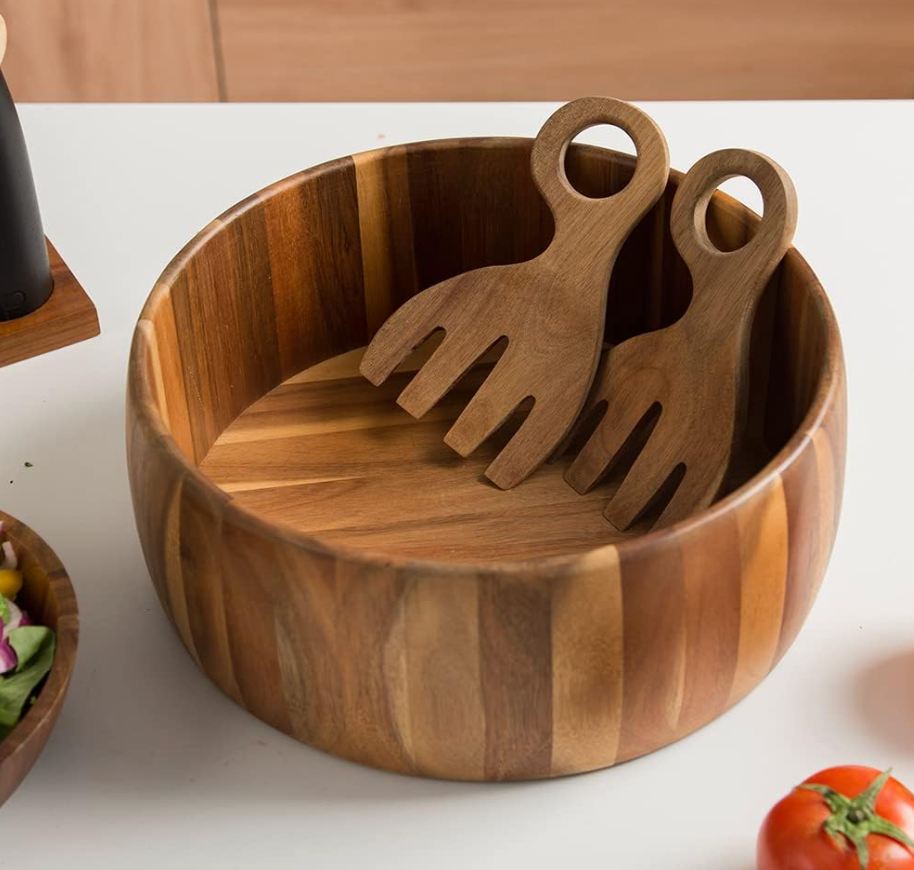 SullyHÔME 12" Acacia Wood Salad Bowl with Serving Spoons