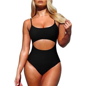 Pink Queen Women's One Piece Swimsuit Spaghetti Strap Scoop Neck Cutout High Waisted Bathing Suit Monokini, XL