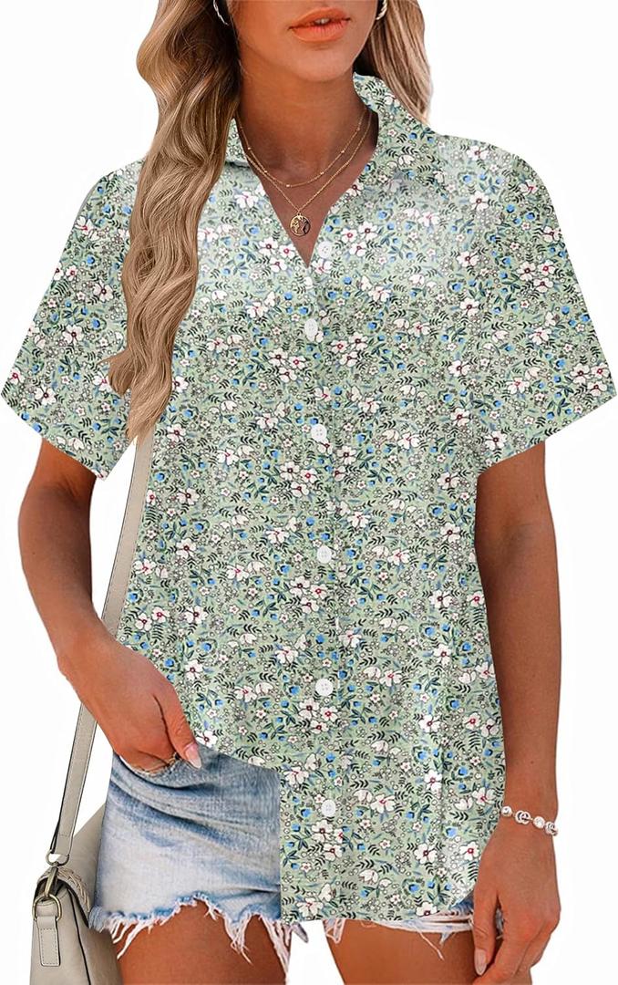 Zeagoo Women Linen Button Down Shirts Short Sleeve Blouse Business Casual Tops Dressy Summer Outfits (Small, Green Ditsy)