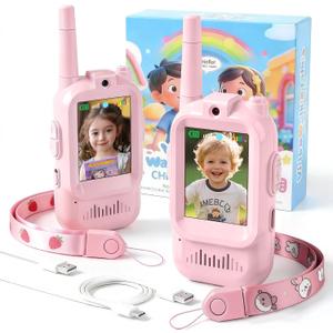 Video Walkie Talkies for Kids 2 Pack Rechargeable, HD Camera Real-Time Video Chat, Voice Changer 2 Way Radio Toys, Long Range Safe Portable for Outdoor Camping Play, Best Birthday for Boys Girls (Pink)