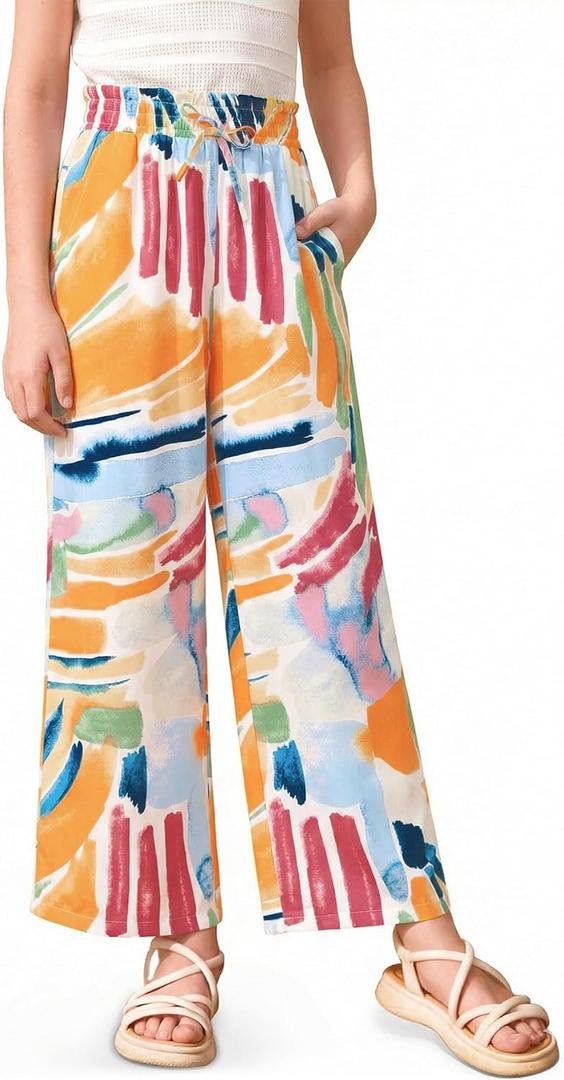 Girls Summer Floral Wide Leg Pants High Waisted Flowy Dress Trousers with Pockets for School Lounge Beach 5-14 Years
