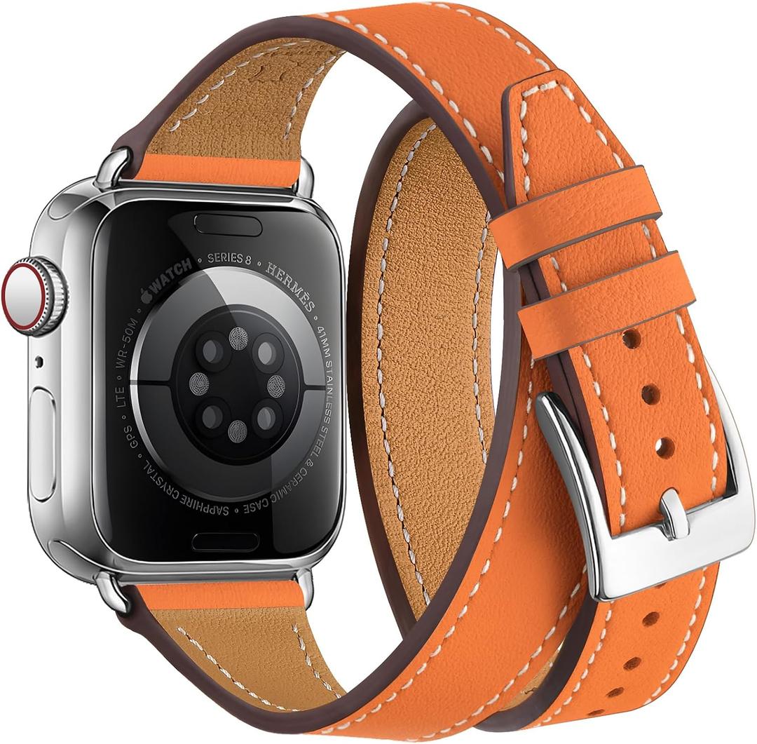 Bestig Bands Compatible with Apple Watch Band 40mm 41mm 38mm 42mm(Series 10 11) Women Men, Genuine Leather Double Tour Designed Slim Thin Strap for iWatch SE1/2/3 Ultra 3/2/1 Series 9 8 7 6 5 4 3 2 1