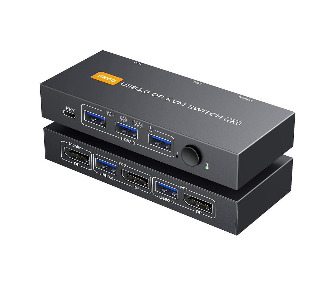 Displayport KVM Switch 1 Monitors 2 Computers 4K@144Hz USB3.0 KVM Switch for 2 Computers Share 1 Monitors and 4 USB Devices Support Extended/Copy Mode with Desktop Controller