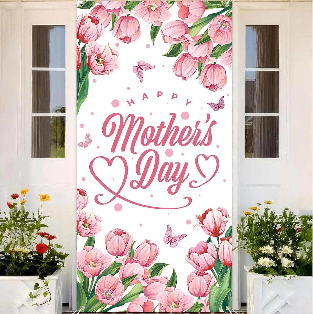 Happy Mothers Day Door Cover Pink Tulip Floral Mothers Day Decorations for I Love Mom Banner Photography Background Mom Gifts for Garden home Party Supplies