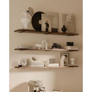 Rustic Wood Floating Shelves Set of 3, 36Inches Wood Rustic Farmhouse Wall Shelves, Easy-to-Install Hanging Shelves for Living Room, Kitchen, and Bathroom, 100bs Capacity. (Walnut, 3T36IN)