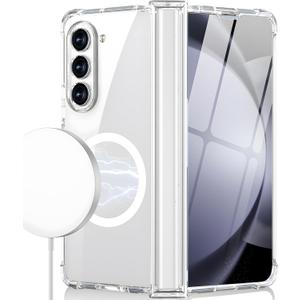 Clear Magnetic Case for Samsung Galaxy Z Fold 5 with Hinge Protection [Built-in Screen Protector][Compatible with MagSafe] 2 in 1 Slim Shockproof Mag-Safe Phone Case Full Protection Z Fold 5 Cover