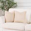 NiNi ALL Faux Fur Plush Throw Pillow Covers Beige 24x24 Inch Set of 2 Decorative Soft Plush Striped Couch Pillow Cover for Sofa Cushion Cases for Couch Bed Home Decor
