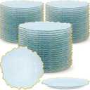 100 Pcs Clear Charger Plates 13 Inch Hammered Blue Plastic Charger Plates with Gold Rim, Transparent Blue Chargers for Dinner Plate, Stone Texture Plate Round Chargers for Wedding Party, Event