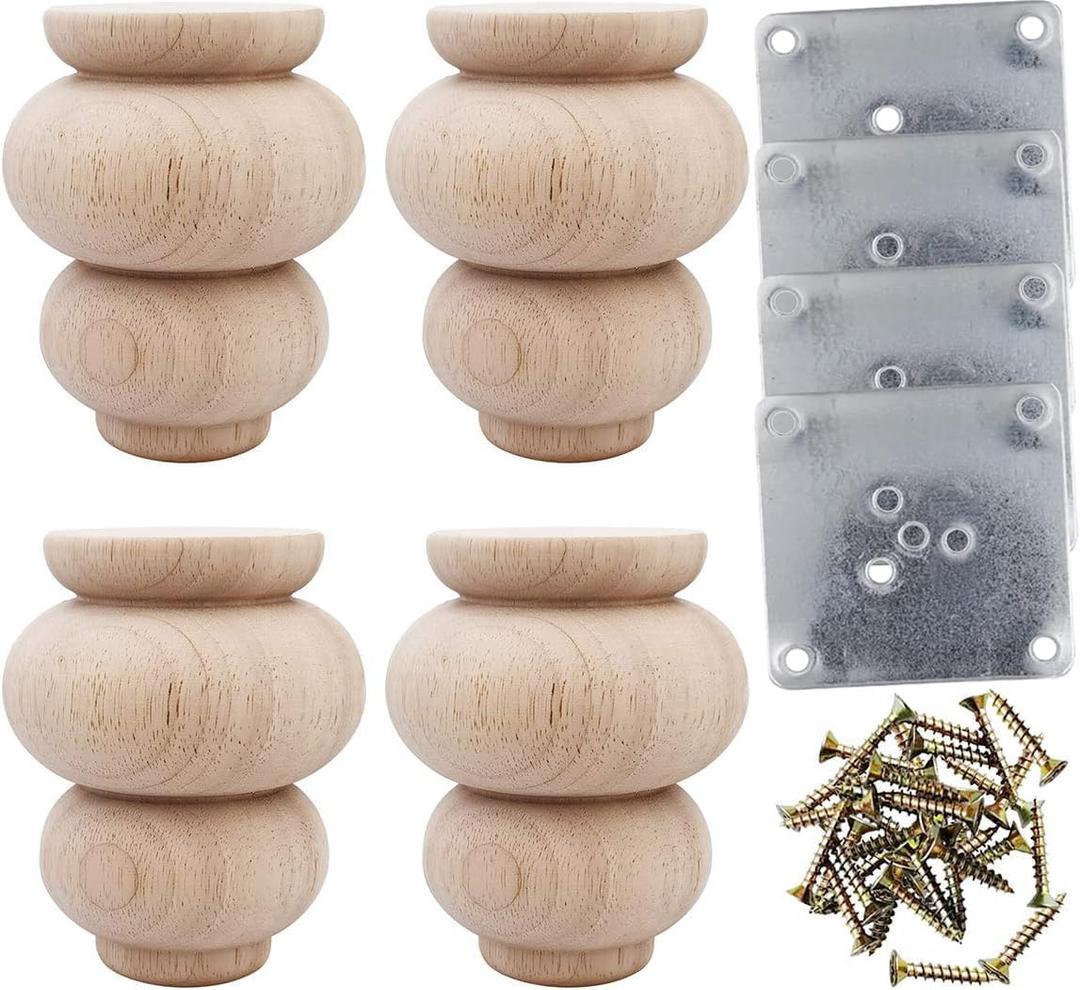 Btibpse Wood Furniture Legs 4 Inch Sofa Couch Chair Ottoman Loveseat Cabinet Legs Replacement Feet Unfinished Bun Foot Pack of 4