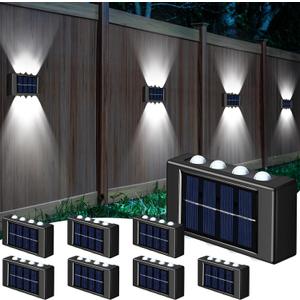 8 Pack Solar Wall Lights for Outside 6000K Cold Solar Fence Lights Up and Down LED Autumn Outdoor Decorative Waterproof Lamps Dusk to Dawn LED Lighting Wall Sconces for Outside Deck Garage