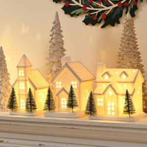 Ceramic White Christmas Village Houses, 3Pcs Light Up Small Porcelain Village House with 6Pcs Christmas Trees, LED Lighted Tabletop House Figurines for Home Decor, Winter Holiday DIY, Gift