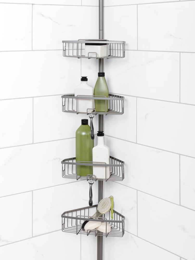 Zenna Home Tension Pole Shower Caddy Corner Organizer, Adjustable Standing Shower Caddy with 4 Baskets and Built in Towel Bar, Rust Resistant Bathroom Tension Rod Organizer, 60 to 97 Inch, Grey