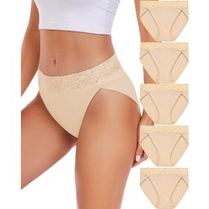 RHYFF Womens Underwear Cotton Bikini Panties High Cut Lace Panty Stretch Hipster Underpants Ladies Briefs (Beige, XL)