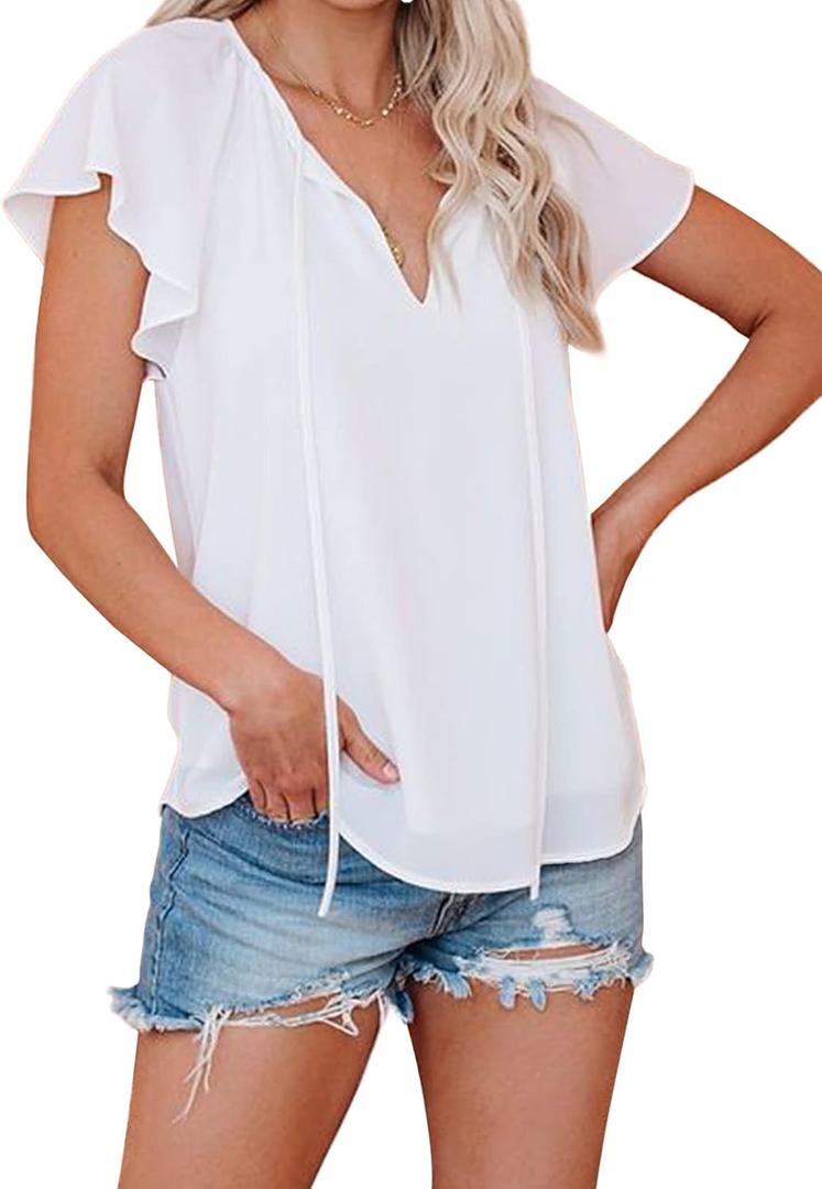 Dokotoo Women's Casual Boho Floral Printed V Neck Tops Drawstring Short Long Sleeve T Shirt Blouses