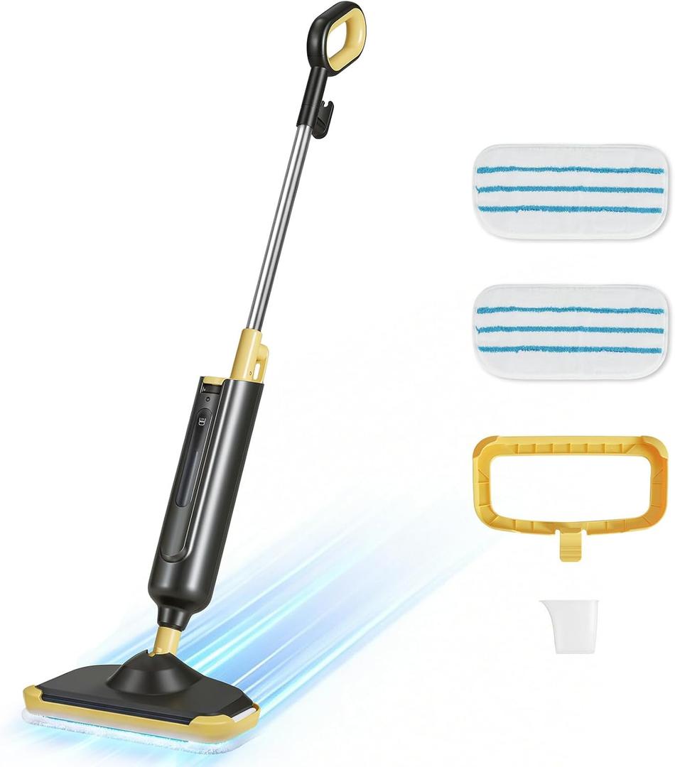 Sweetcrispy Steam Mop for Floor Cleaning,Lightweight Floor Steamer Cleaner for Hardwood/Tile/Laminate Floors Carpet, 2 Washable Pad, Black and Yellow (43.08*7.83*11.05inch 2025 New Model)