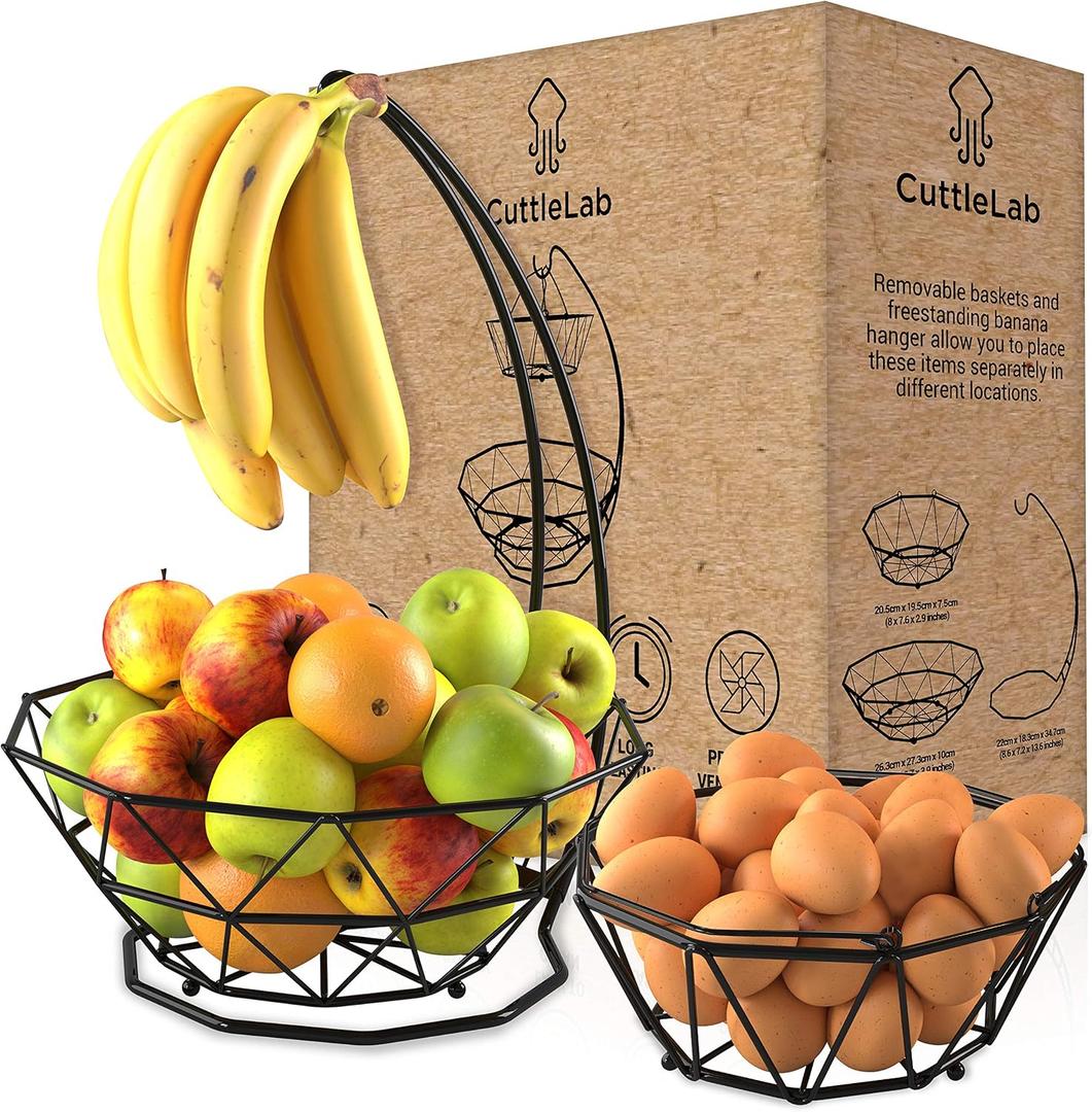 2 Tier Fruit Basket with Banana Hanger and Fruit Bowl. Kitchen Counter Fruit Bowl with Banana Holder used as Bread, Vegetable or Produce Basket, Egg Holder (Black)