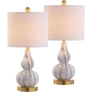 JONATHAN Y 20.5" Black/White Glass Table Lamp, Modern Gourd Bedside Nightstand Lamp for Bedroom, Living Room, White Linen Shade, LED Bulb Included (JYL1028D-SET2)