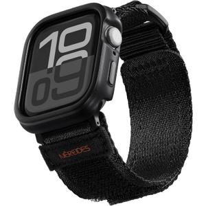 Rugged Case with Band for Apple Watch Series 10 Band 46mm, Hook and Loop Nylon Sport Strap with Case for Iwatch Men (Black) (46mm, Black)