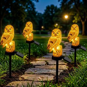 4PCS Solar Powered Garden Lights Owl Decor, Outdoor Yard Statue Pathway Lights for Outside Lawn Ornament Patio Decorative Stake Bird Lights for Landscaping Backyard