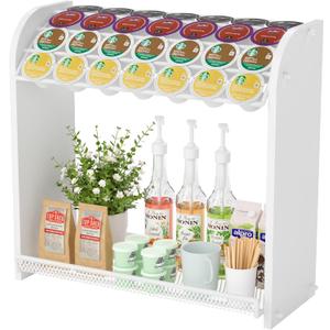 Coffee Pod Organizer for Countertop, Bamboo K Cup Holder, Easy Assembly Coffee Station Organizer for Home Office Coffee Bar, White