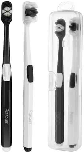 4 Pack PRASBURR Travel Toothbrush, Extra Soft Toothbrushes for Adults, New 10k Micro Fine Nano Bristles for Sensitive Gums, Packed in Portable Case, Travel Toothbrush - Pack of 4 (Black and White)