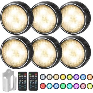 LED Puck Lights with Remote Battery Operated Under Cabinet Lighting Wireless Stick on Lights Color Changing Timer Tap Lights for Cabinets Shelves Closets Display Case  6Pack Black