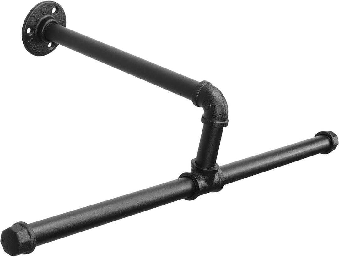 Industrial Pipe Clothes Rack Floating DIY Wall Mounted, Heavy Duty Rustic Vintage Clothing Rod, Metal Garment Bar Space-Saving Hanging for Bedroom, Bathroom and Laundry Room (Black 20 Inch)