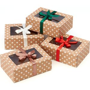Brown Kraft Cookie Boxes with Ribbons & Window (20 Pack) 8.3 x 6 x 2.8 Food Grade Cardboard Bakery Gift Boxes for Christmas Gift Giving, Baked Goods, Candy Treats, Decorative Holiday Packaging, Empty