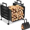 Firewood Rack Indoor/Outdoor, 17.6 Inch Fire Wood Holder - Metal Wood Storage Log Holder with Wheels, Log Carrier Bag & Adjustable Foot Pads, Small Firewood Stand for Fireplace Patio Decor