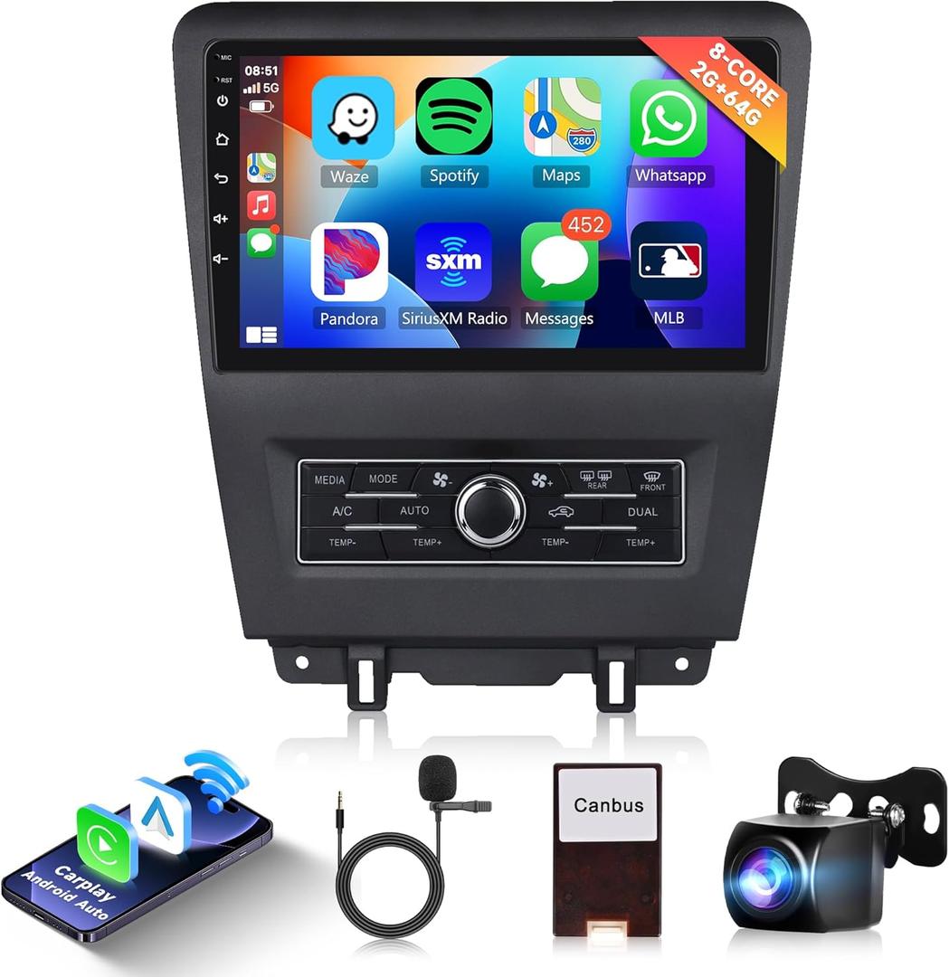 8 Core 2+64G Android Car Stereo for Ford Mustang 2010 2011 2012 2013 2014 with Wireless Carplay Android Auto, 10.1'' Touch Screen Car Radio Mirror Link WiFi GPS Bluetooth FM/RDS DSP Backup Camera SWC