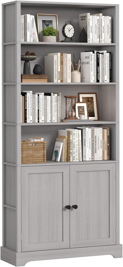 TVU Bookshelf and Bookcase with Doors, 5 Open Shelves & 2 Door Storage Cabinet, 77.2" Tall Freestanding Book Shelf for Living Room, Home Office, Bedroom, Grey, 6 Tier