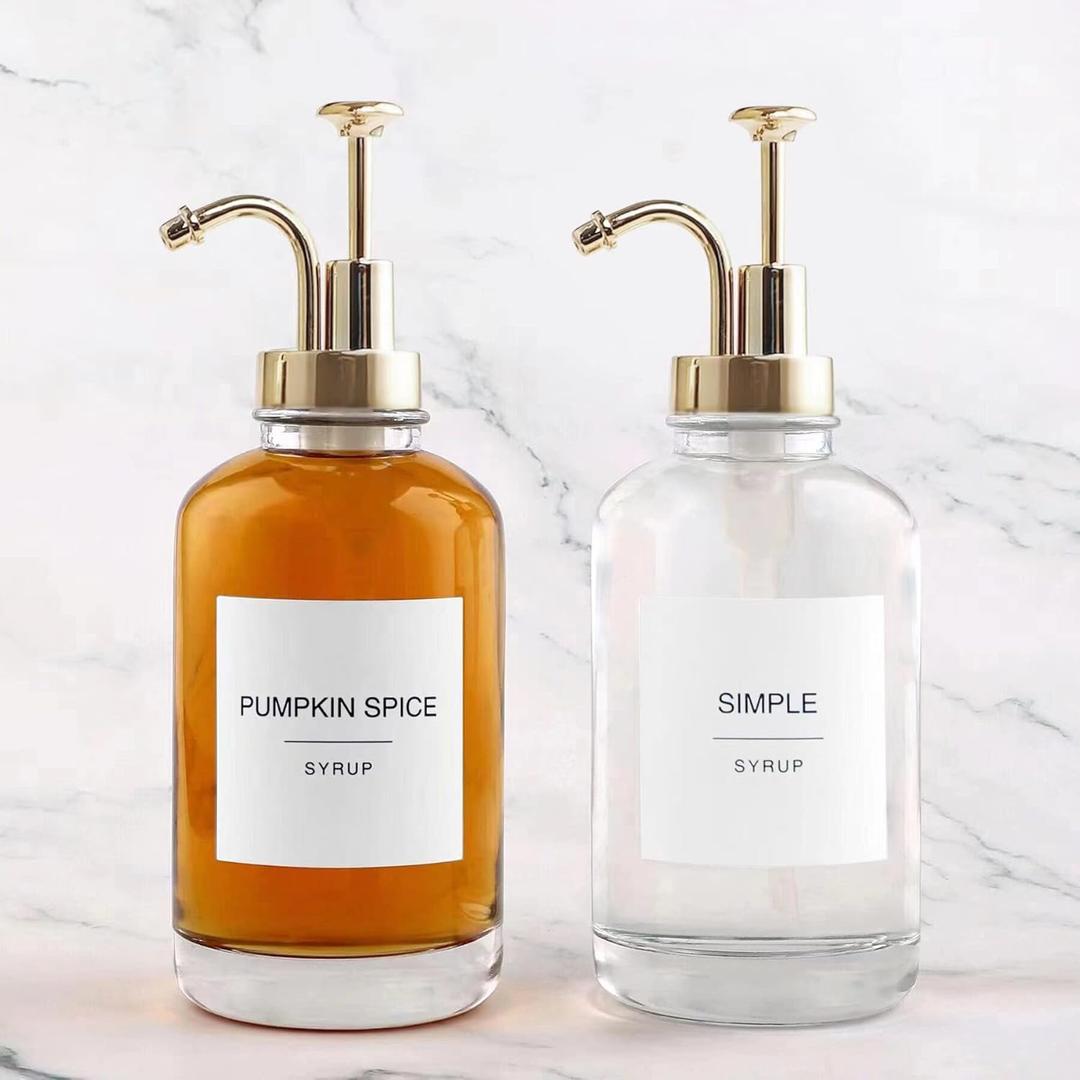 Coffee Bar Accessories - Glass Coffee Syrup Dispenser with 84 Syrup Labels (Set of 2), Fancy Pump Dispenser, 16.9 oz, Gold